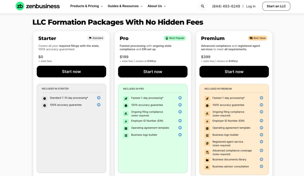 ZenBusiness Pricing Options